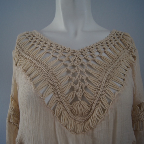 Crochet Tunic Cover-Up Women's S/M Boho Beach Hippie Beige - Picture 2 of 7